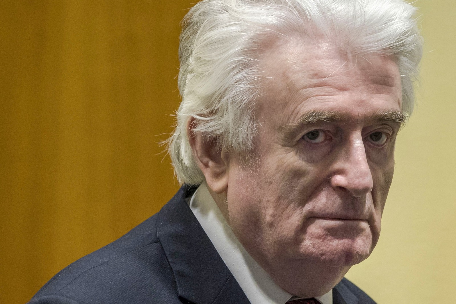 Former Bosnian Serb leader Radovan Karadzic reacts at the court room of the International Residual Mechanism for Criminal Tribunals in The Hague, Netherlands, on March 20, 2019, while waiting to hear the final judgement on his role in the bloody conflict that tore his country apart a quarter of a century ago.
  Karadzic is sentence to life imprisonment by UN judges on March 20, 2019. Radovan Karadzic  was notorious for his role in the 1995 Srebrenica massacre where more than 8,000 Muslim men and boys were slaughtered in the worst bloodletting on European soil since World War II.,Image: 420799481, License: Rights-managed, Restrictions: , Model Release: no, Credit line: Peter Dejong / AFP / Profimedia