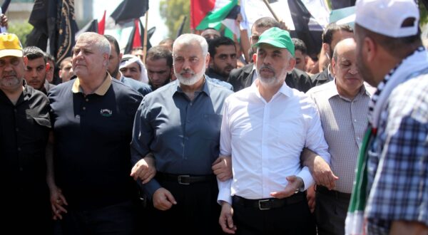 June 26, 2019 - Beit Lahia, Gaza Strip, Palestinian Territory - Palestinian Hamas chief in the Gaza strip Ismail Haniyeh and Hamas leader in the Gaza Strip Yahya Sinwar take part in a protest against the Bahrain economic workshop, in Gaza city, on June 26, 2019. Kicking off the Trump administration's international peace conference in Bahrain Tuesday, US President Donald Trump's son-in-law and senior adviser Jared Kushner said his plan for the Middle East was 'the opportunity of the century' for the Palestinians but their acceptance was a precondition to peace,Image: 451647296, License: Rights-managed, Restrictions: , Model Release: no, Credit line: Mahmoud Ajjour / Zuma Press / Profimedia