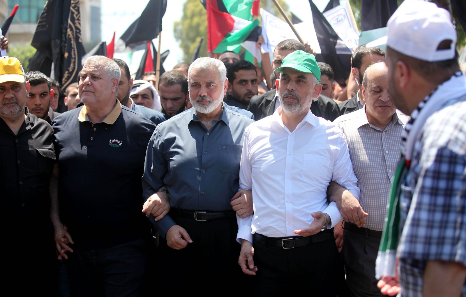 June 26, 2019 - Beit Lahia, Gaza Strip, Palestinian Territory - Palestinian Hamas chief in the Gaza strip Ismail Haniyeh and Hamas leader in the Gaza Strip Yahya Sinwar take part in a protest against the Bahrain economic workshop, in Gaza city, on June 26, 2019. Kicking off the Trump administration's international peace conference in Bahrain Tuesday, US President Donald Trump's son-in-law and senior adviser Jared Kushner said his plan for the Middle East was 'the opportunity of the century' for the Palestinians but their acceptance was a precondition to peace,Image: 451647296, License: Rights-managed, Restrictions: , Model Release: no, Credit line: Mahmoud Ajjour / Zuma Press / Profimedia