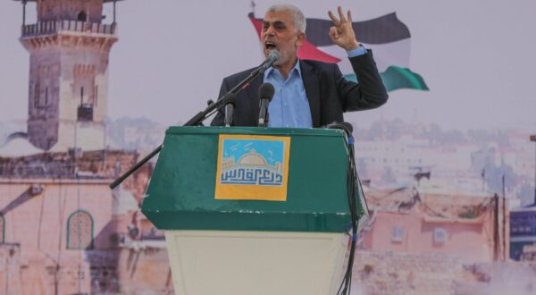 Yahya Sinwar, head of Hamas in Gaza, delivers a speech during a rally marking "Jerusalem Day," or Al-Quds Day. Iran's leader delivered a historic address to the Palestinian people of Gaza, telling them to stick up to the fighting against Israel in a speech that reflected his country's support for the territory's ruling Hamas militant group. Al-Quds (Jerusalem) Day, is a commemorative day in support of the Palestinian people held annually on the last Friday of the Muslim fasting month of Ramadan by an initiative started by the late founder of the Islamic Republic in Iran. - Ahmed Zakot / SOPA Images//SOPAIMAGES_1235184/Credit:SOPA Images/SIPA/2304151259