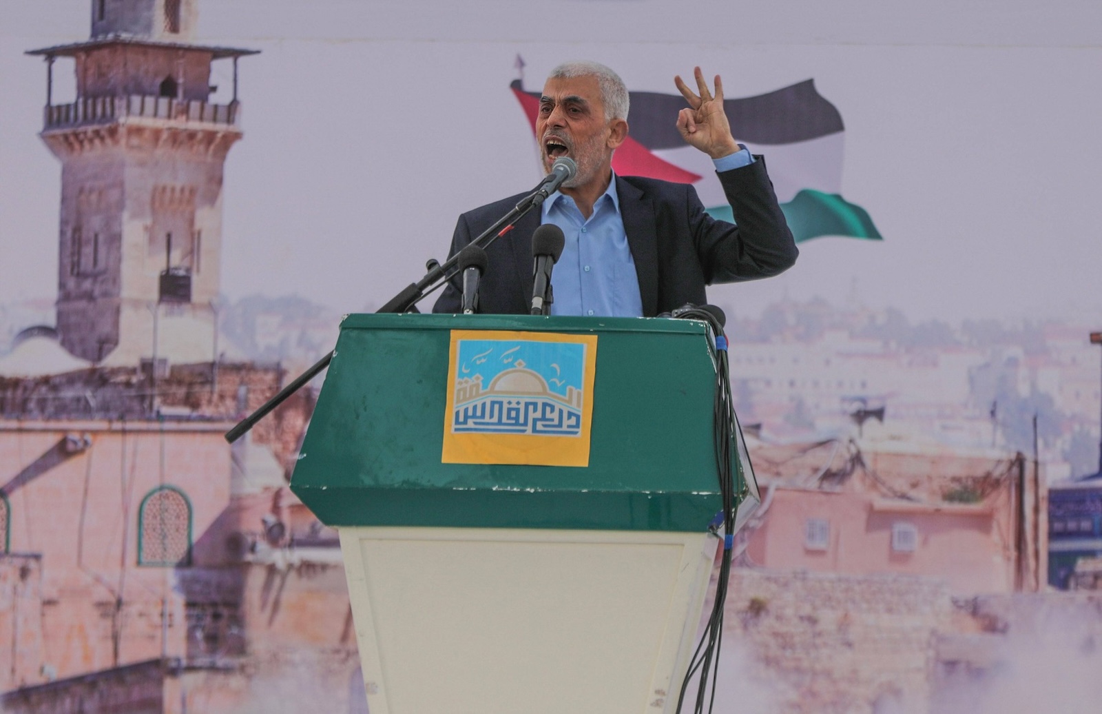 Yahya Sinwar, head of Hamas in Gaza, delivers a speech during a rally marking "Jerusalem Day," or Al-Quds Day. Iran's leader delivered a historic address to the Palestinian people of Gaza, telling them to stick up to the fighting against Israel in a speech that reflected his country's support for the territory's ruling Hamas militant group. Al-Quds (Jerusalem) Day, is a commemorative day in support of the Palestinian people held annually on the last Friday of the Muslim fasting month of Ramadan by an initiative started by the late founder of the Islamic Republic in Iran. - Ahmed Zakot / SOPA Images//SOPAIMAGES_1235184/Credit:SOPA Images/SIPA/2304151259