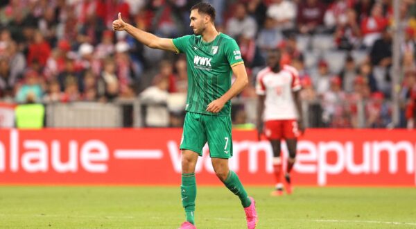 Dion Drena Beljo of Augsburg celebrates his goal 3-1 during the German championship Bundesliga football match between Bayern Munich and Augsburg on August 27, 2023 at Allianz Arena in Munich, Germany - Photo Marcel Engelbrecht / firo Sportphoto / DPPI,Image: 800786985, License: Rights-managed, Restrictions: Hungary Out Germany, Mexico, Greece Out, Model Release: no, Credit line: Marcel Engelbrecht / AFP / Profimedia