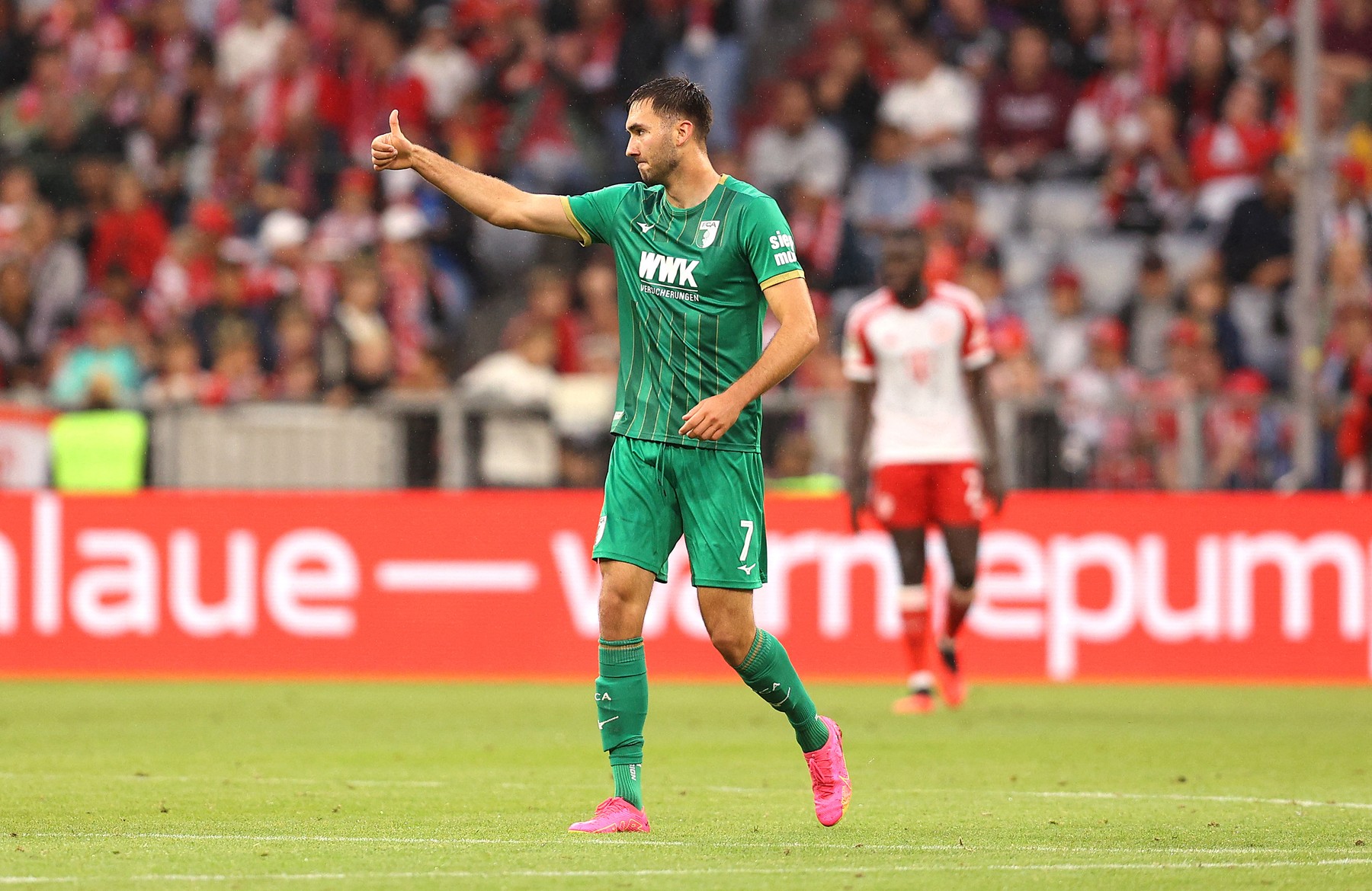 Dion Drena Beljo of Augsburg celebrates his goal 3-1 during the German championship Bundesliga football match between Bayern Munich and Augsburg on August 27, 2023 at Allianz Arena in Munich, Germany - Photo Marcel Engelbrecht / firo Sportphoto / DPPI,Image: 800786985, License: Rights-managed, Restrictions: Hungary Out Germany, Mexico, Greece Out, Model Release: no, Credit line: Marcel Engelbrecht / AFP / Profimedia