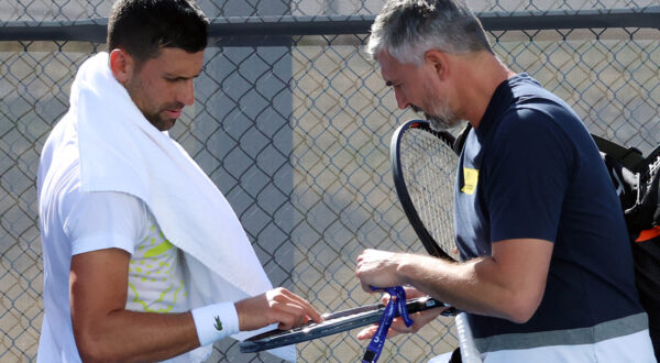 Novak Djokovic has a light training session in front of fans ahead at the RAC Arena in Perth, Western Australia.
31 Dec 2023,Image: 833423628, License: Rights-managed, Restrictions: World Rights, Model Release: no, Pictured: Novak Djokovic and Goran Ivanisevic, Credit line: FAMO/MEGA / The Mega Agency / Profimedia