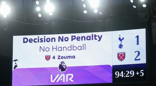 Scoreboard shows VAR decision No Handball at 94.29 minutes during the Premier League match between Tottenham Hotspur and West Ham United at Tottenham Hotspur Stadium on December 7, 2023 in London, England. 

WARNING! This Photograph May Only Be Used For Newspaper And/Or Magazine Editorial Purposes. May Not Be Used For Publications Involving 1 player, 1 Club Or 1 Competition Without Written Authorisation From Football DataCo Ltd. For Any Queries, Please Contact Football DataCo Ltd on +44 (0) 207 864 9121,Image: 835258182, License: Rights-managed, Restrictions: WARNING! This Photograph May Only Be Used For Newspaper And/Or Magazine Editorial Purposes. May Not Be Used For Publications Involving 1 player, 1 Club Or 1 Competition Without Written Authorisation From Football DataCo Ltd. For Any Queries, Please Contact Football DataCo Ltd on +44 (0) 207 864 9121, Model Release: no, Credit line: Nigel French/Sportsphoto/APL / Mary Evans Picture Library / Profimedia