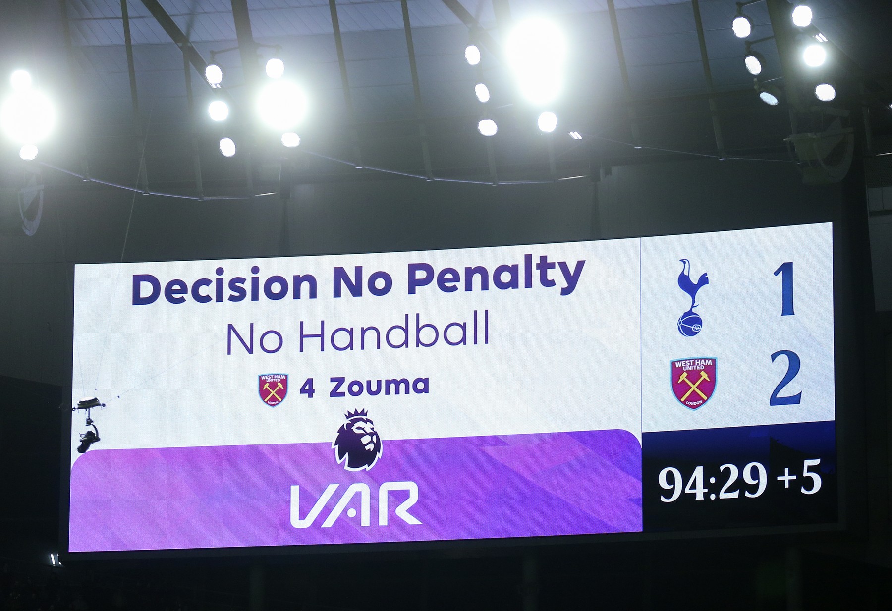 Scoreboard shows VAR decision No Handball at 94.29 minutes during the Premier League match between Tottenham Hotspur and West Ham United at Tottenham Hotspur Stadium on December 7, 2023 in London, England. 

WARNING! This Photograph May Only Be Used For Newspaper And/Or Magazine Editorial Purposes. May Not Be Used For Publications Involving 1 player, 1 Club Or 1 Competition Without Written Authorisation From Football DataCo Ltd. For Any Queries, Please Contact Football DataCo Ltd on +44 (0) 207 864 9121,Image: 835258182, License: Rights-managed, Restrictions: WARNING! This Photograph May Only Be Used For Newspaper And/Or Magazine Editorial Purposes. May Not Be Used For Publications Involving 1 player, 1 Club Or 1 Competition Without Written Authorisation From Football DataCo Ltd. For Any Queries, Please Contact Football DataCo Ltd on +44 (0) 207 864 9121, Model Release: no, Credit line: Nigel French/Sportsphoto/APL / Mary Evans Picture Library / Profimedia