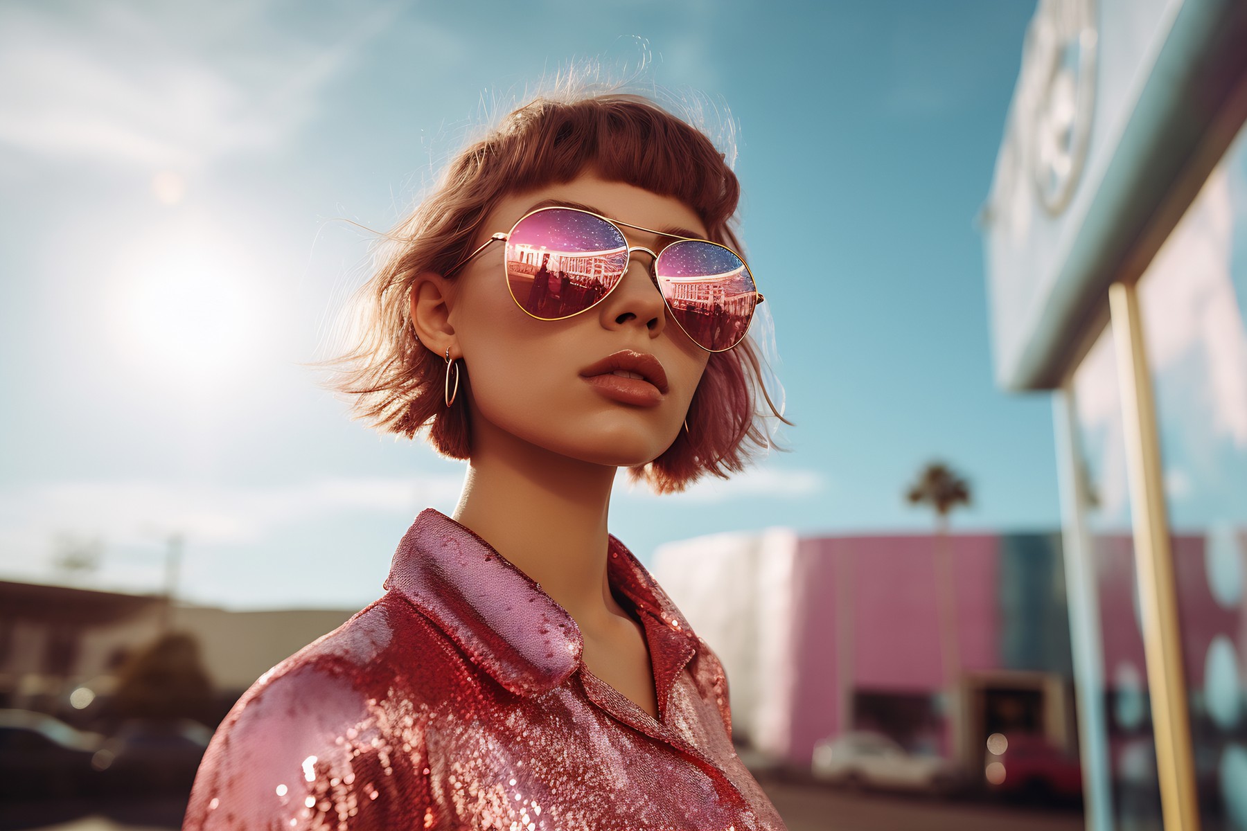 Trendsetting woman with a short bob hairstyle,  sporting rose-tinted reflective sunglasses and a glossy sequined jacket,  against a backdrop of clear blue skies and urban landscape,Image: 855363685, License: Royalty-free, Restrictions: , Model Release: no, Credit line: Anna Maloverjan / Panthermedia / Profimedia