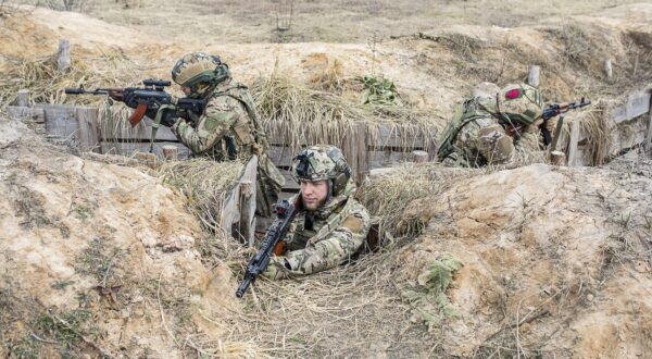 KYIV OBLAST, UKRAINE - MARCH 16: 120th Independent Brigade of the Territorial Defense Forces (Battalion 120) of Ukraine conduct training exercises near the Belarus border in Chernobyl, Kyiv Oblast, Ukraine on March 16, 2024. Battalion 120 of the territorial defense has regrouped in Chernobyl, their current mission encompasses defending the nuclear plant area, securing positions along the Belarus border, and safeguarding critical infrastructure. Gian Marco Benedetto / Anadolu