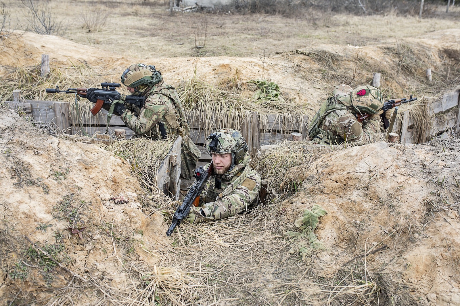 KYIV OBLAST, UKRAINE - MARCH 16: 120th Independent Brigade of the Territorial Defense Forces (Battalion 120) of Ukraine conduct training exercises near the Belarus border in Chernobyl, Kyiv Oblast, Ukraine on March 16, 2024. Battalion 120 of the territorial defense has regrouped in Chernobyl, their current mission encompasses defending the nuclear plant area, securing positions along the Belarus border, and safeguarding critical infrastructure. Gian Marco Benedetto / Anadolu