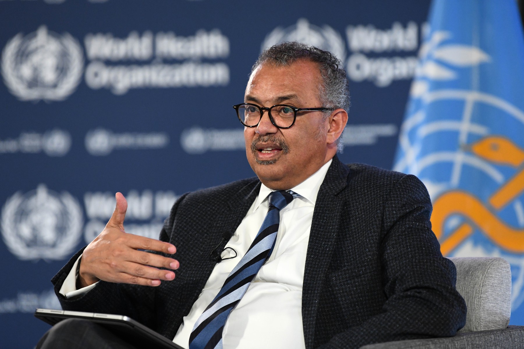 GENEVA, April 9, 2024  -- Tedros Adhanom Ghebreyesus, director-general of the World Health Organization (WHO), speaks at a panel discussion in Geneva, Switzerland on April 8, 2024. The head of the WHO on Monday called for health care facilities and personnel to be protected from targeted violence during conflicts.,Image: 863494681, License: Rights-managed, Restrictions: , Model Release: no, Credit line: Lian Yi / Xinhua News / Profimedia