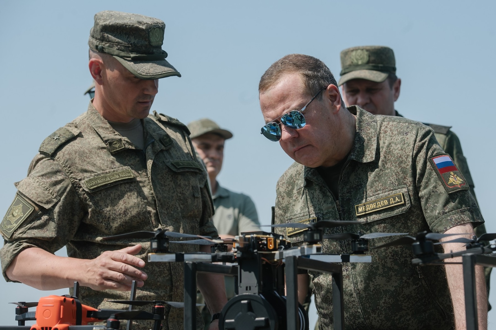 RUSSIA, VORONEZH REGION - JULY 17, 2024: Dmitry Medvedev (R), Deputy Chairman of the Russian Security Council, Chairman of United Russia, visits the Pogonovo military training area. POOL/TASS