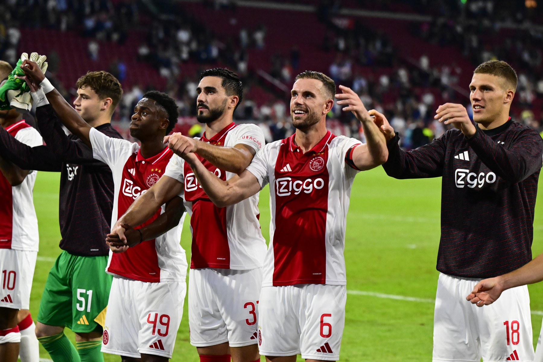 7/25/2024 - AMSTERDAM - (l-r) Jaydon Banel of Ajax, Jordan Henderson of Ajax, Jakov Medic of Ajax after the UEFA Europa League 2nd preliminary round match between Ajax Amsterdam and FK Vojvodina at the Johan Cruijff ArenA on July 25, 2024 in Amsterdam, Netherlands. ANP OLAF KRAAK /ANP/Sipa USA,Image: 892425350, License: Rights-managed, Restrictions: *** World Rights Except Belgium, France, Germany, The Netherlands, and the UK ***  BELOUT DEUOUT FRAOUT GBROUT NLDOUT, Model Release: no, Credit line: ANP / ddp USA / Profimedia