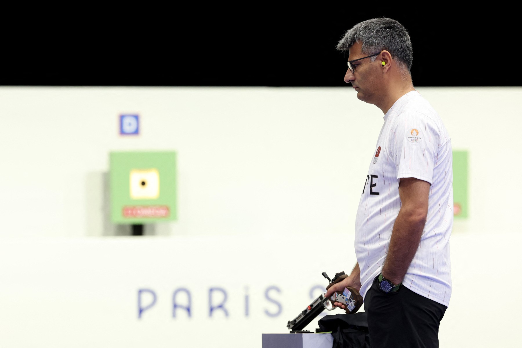 Turkey's Yusuf Dikec competes in the shooting 10m air pistol mixed team gold medal match during the Paris 2024 Olympic Games at Chateauroux Shooting Centre on July 30, 2024.,Image: 894045051, License: Rights-managed, Restrictions: , Model Release: no, Credit line: Alain JOCARD / AFP / Profimedia