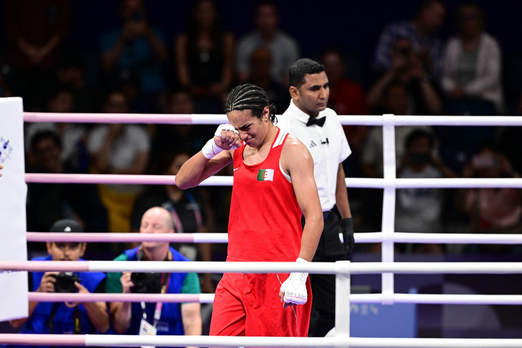 VILLEPINTE, FRANCE - AUGUST 3: Imane Khelif (red) of Team Algeria competes against Anna Luca Hamori (blue) of Team Hungary in the women's 66kg quarter-final boxing match during the Paris 2024 Olympic Games at the North Paris Arena, in Villepinte, France on August 3, 2024. Khelif wins the match and advanced to semi-finals. Mehmet Murat Onel / Anadolu/ABACAPRESS.COM,Image: 895662721, License: Rights-managed, Restrictions: , Model Release: no, Credit line: AA/ABACA / Abaca Press / Profimedia