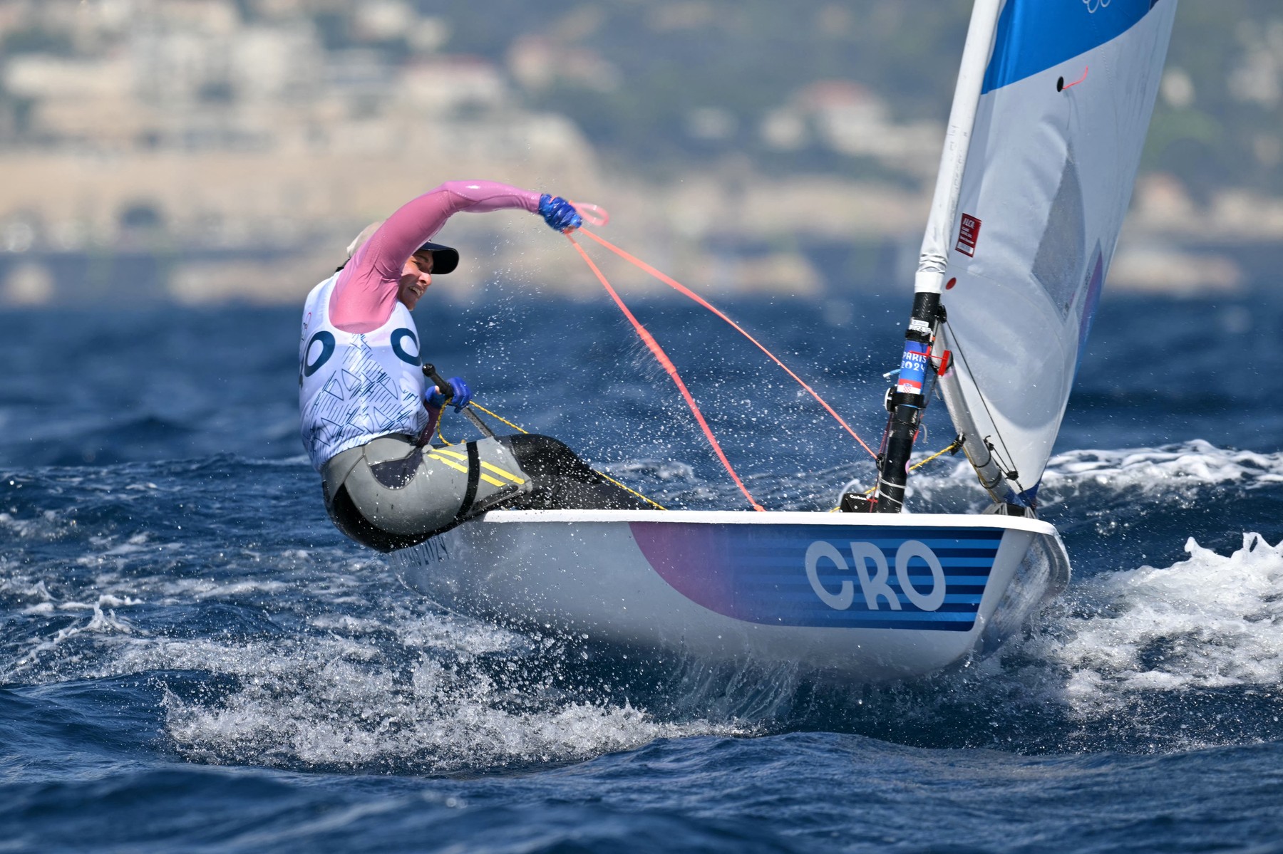 Croatia's Elena Vorobeva competes in race 7 of the women’s ILCA 6 single-handed dinghy event during the Paris 2024 Olympic Games sailing competition at the Roucas-Blanc Marina in Marseille on August 4, 2024.,Image: 895896684, License: Rights-managed, Restrictions: , Model Release: no, Credit line: NICOLAS TUCAT / AFP / Profimedia