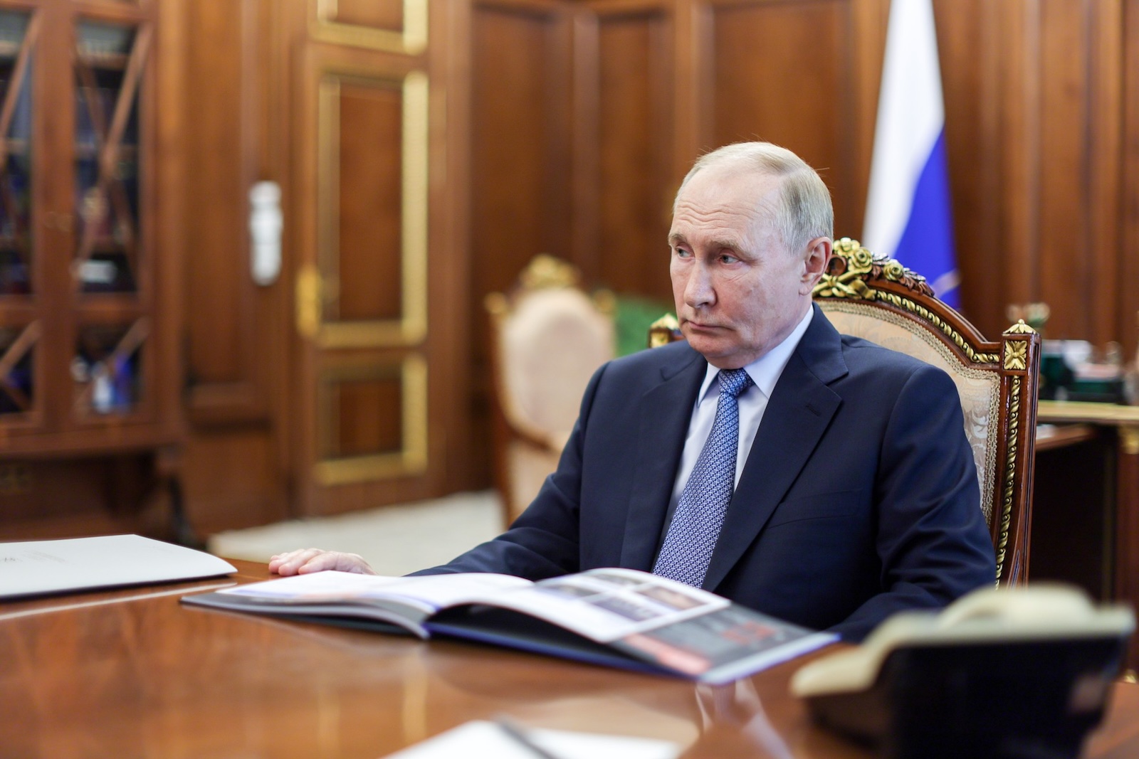 RUSSIA, MOSCOW - AUGUST 6, 2024: Russia's President Vladimir Putin during a meeting with Murmansk Region Governor Andrei Chibis at the Moscow Kremlin. Gavriil Grigorov/Russian Presidential Press and Information Office/TASS