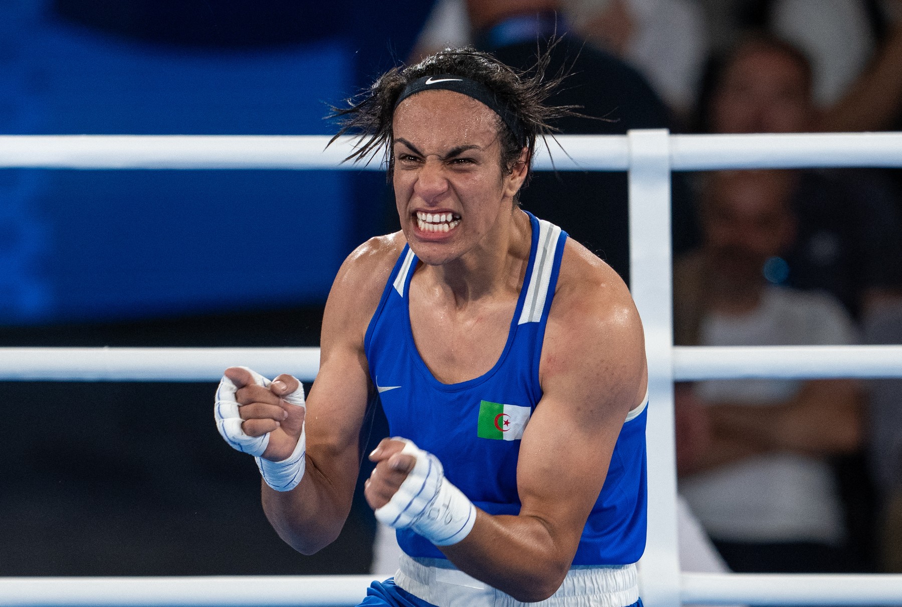 PARIS, FRANCE - AUGUST 6: Imane Khelif (blue) of Algeria celebrates after defeating Janjaem Suwannapheng (not seen) of Thailand congratulate at the end of the women's 66kg semi-final boxing match during the Paris 2024 Olympic Games at the Roland-Garros Stadium, in Paris, France on August 6, 2024. Khelif wins the match and advanced to final. Aytac Unal / Anadolu/ABACAPRESS.COM,Image: 896646442, License: Rights-managed, Restrictions: , Model Release: no, Credit line: AA/ABACA / Abaca Press / Profimedia