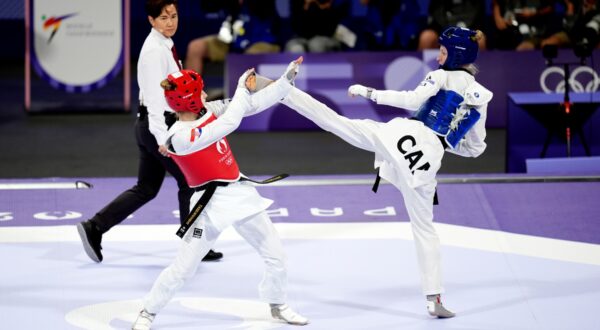 Canada's Josipa Kafadar (right) and Croatia's Lena Stojkovic during the Women's Taekwondo -49kg Round of 16 at the Grand Palais on the twelfth day of the 2024 Paris Olympic Games in France. Picture date: Wednesday August 7, 2024.,Image: 896697077, License: Rights-managed, Restrictions: Use subject to restrictions. Editorial use only, no commercial use without prior consent from rights holder., Model Release: no, Credit line: John Walton / PA Images / Profimedia