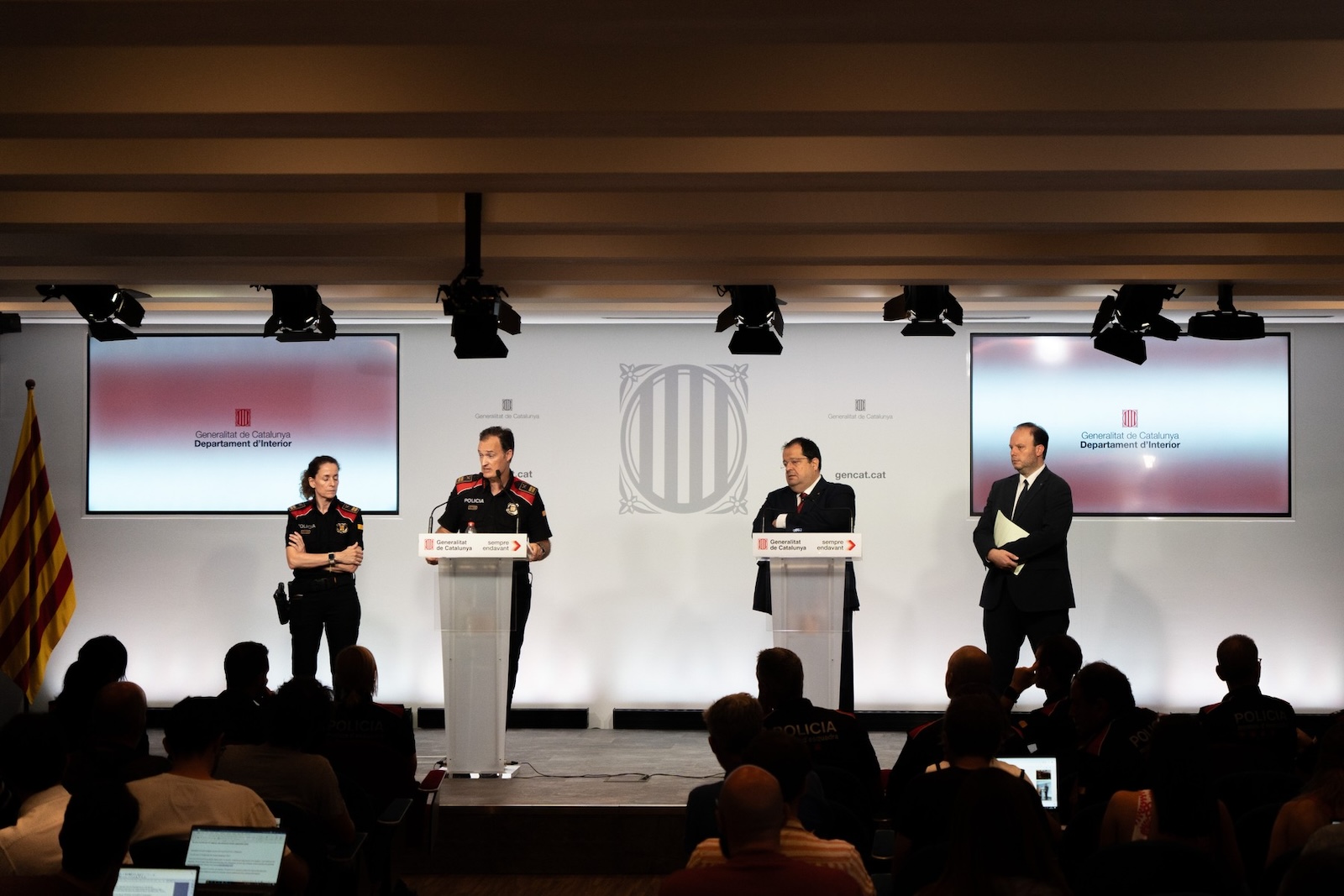 Press conference of the Catalan police together with the Minister of the Interior of the Generalitat to explain yesterday's escape of Carles Puigdemont, where the former President of the Generalitat appeared to give his speech and then disappeared.

Rueda de prensa de la policía catalana junto con el consejero de Interior de la Generalitat, para explicar la fuga de ayer de Carles Puigdemont, donde el expresidente de la Generalitat apareció para realizar su discurso y posteriormente desapareció.

in the pic:Joan Ignasi Elena,Pere Ferrer, eduard sallent,rosa bosch

News Politics -Barcelona, Spain 

Friday, August 9, 2024,Image: 897322085, License: Rights-managed, Restrictions: *** World Rights Except China, France, and Italy *** CHNOUT FRAOUT ITAOUT, Model Release: no, Credit line: LaPresse / ddp USA / Profimedia