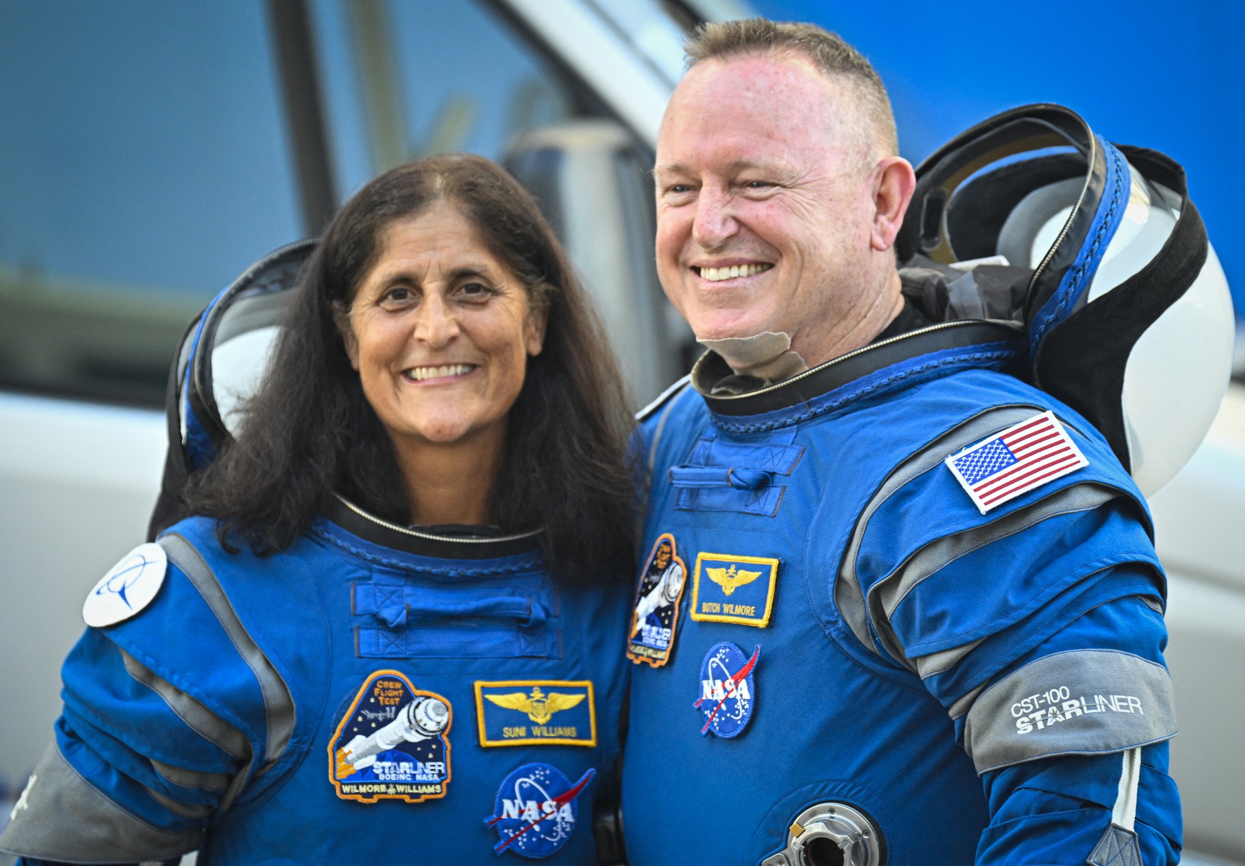 (FILES) NASA astronauts Butch Wilmore (R) and Suni Williams, wearing Boeing spacesuits, depart the Neil A. Armstrong Operations and Checkout Building at Kennedy Space Center for Launch Complex 41 at Cape Canaveral Space Force Station in Florida to board the Boeing CST-100 Starliner spacecraft for the Crew Flight Test launch , on June 5, 2024. Two astronauts stranded in space may sound like the start to a big-screen science thriller, but the Boeing Starliner mission is no work of Hollywood fiction. Astronauts Barry "Butch" Wilmore and Sunita "Suni" Williams were originally scheduled to spend a little more than a week aboard the International Space Station as part of the debut crew flight test of the Starliner. However, the spacecraft encountered several issues during the flight, and now the two astronauts will likely have to extend their stay aboard the ISS for several months.,Image: 897496044, License: Rights-managed, Restrictions: TO GO WITH AFP STORY by Lucie AUBOURG: "Meet the two Boeing mission astronauts stuck aboard the ISS", Model Release: no, Credit line: Miguel J. Rodriguez Carrillo / AFP / Profimedia