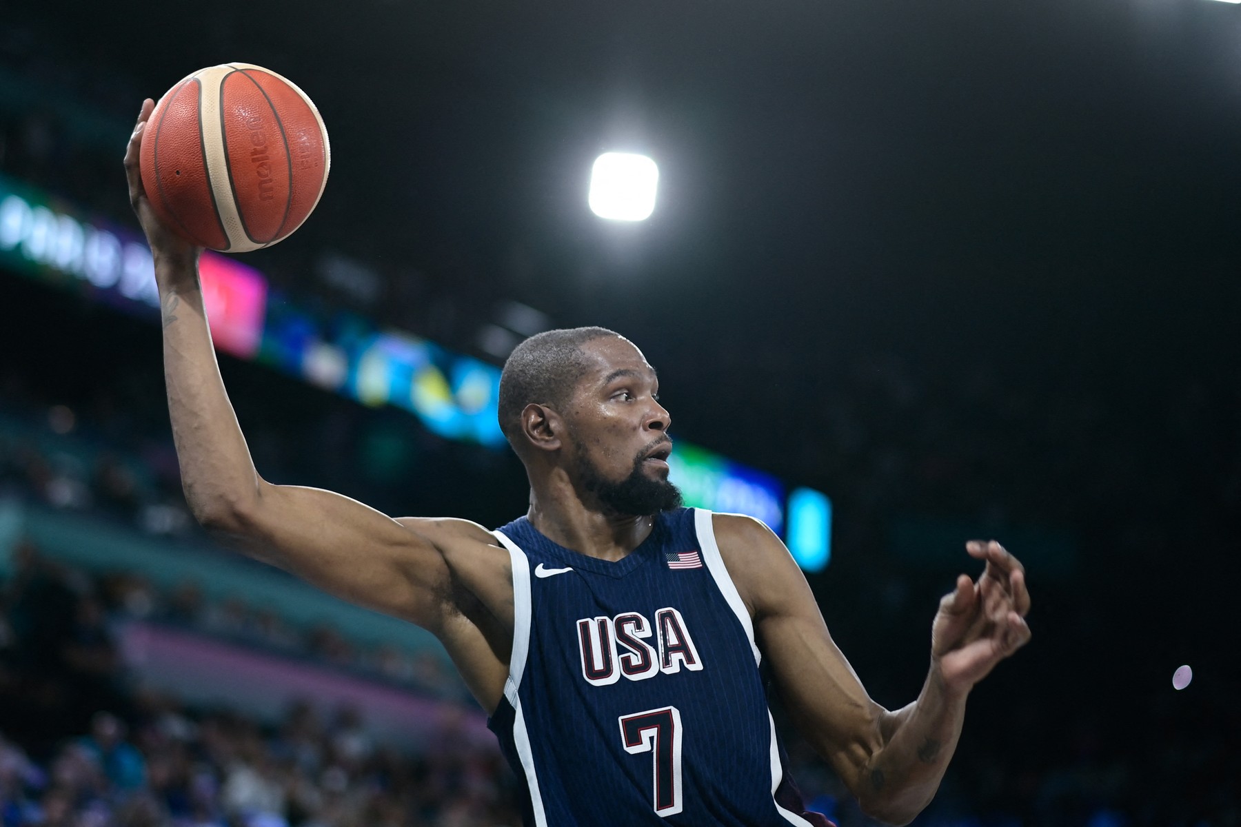 DURANT Kevin ( 7 - USA ) during the 2024 Olympics Games match between France and United States at Arena Bercy on August 10, 2024 in Paris, France. © Federico Pestellini / Panoramic / Bestimage,Image: 897768884, License: Rights-managed, Restrictions: , Model Release: no, Credit line: Federico Pestellini / Panoramic / Bestimage / Profimedia