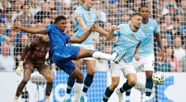 Wesley Fofana (29) of Chelsea plays the ball under pressure from Erling Haaland (9) and Mateo Kovacic (8) of Manchester City during the English championship Premier League football match between Chelsea and Manchester City on 18 August 2024 at Stamford Bridge in London, England - Photo David Cliff / ProSportsImages / DPPI,Image: 899819327, License: Rights-managed, Restrictions: Hungary Out UK Out, Model Release: no, Credit line: David Cliff / AFP / Profimedia