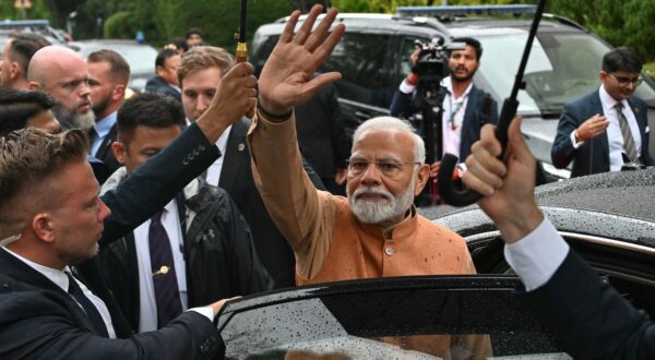 Indian Prime Minister Narendra Modi waves as he leaves after paying his respects at the Jam Saheb of Nawanagar Memorial at the Good Maharaja Square, named after Maharaja Jam Saheb of Nawanagar (1895-1966) who provided refuge to hundreds of Polish children during World War II in Warsaw, Poland on August 21, 2024.  India's Narendra Modi launched on August 21 his historic trip to Poland and Ukraine, where the premier has pledged to campaign for a peaceful resolution of Russia's invasion of Ukraine.,Image: 900420545, License: Rights-managed, Restrictions: , Model Release: no, Credit line: Sergei GAPON / AFP / Profimedia