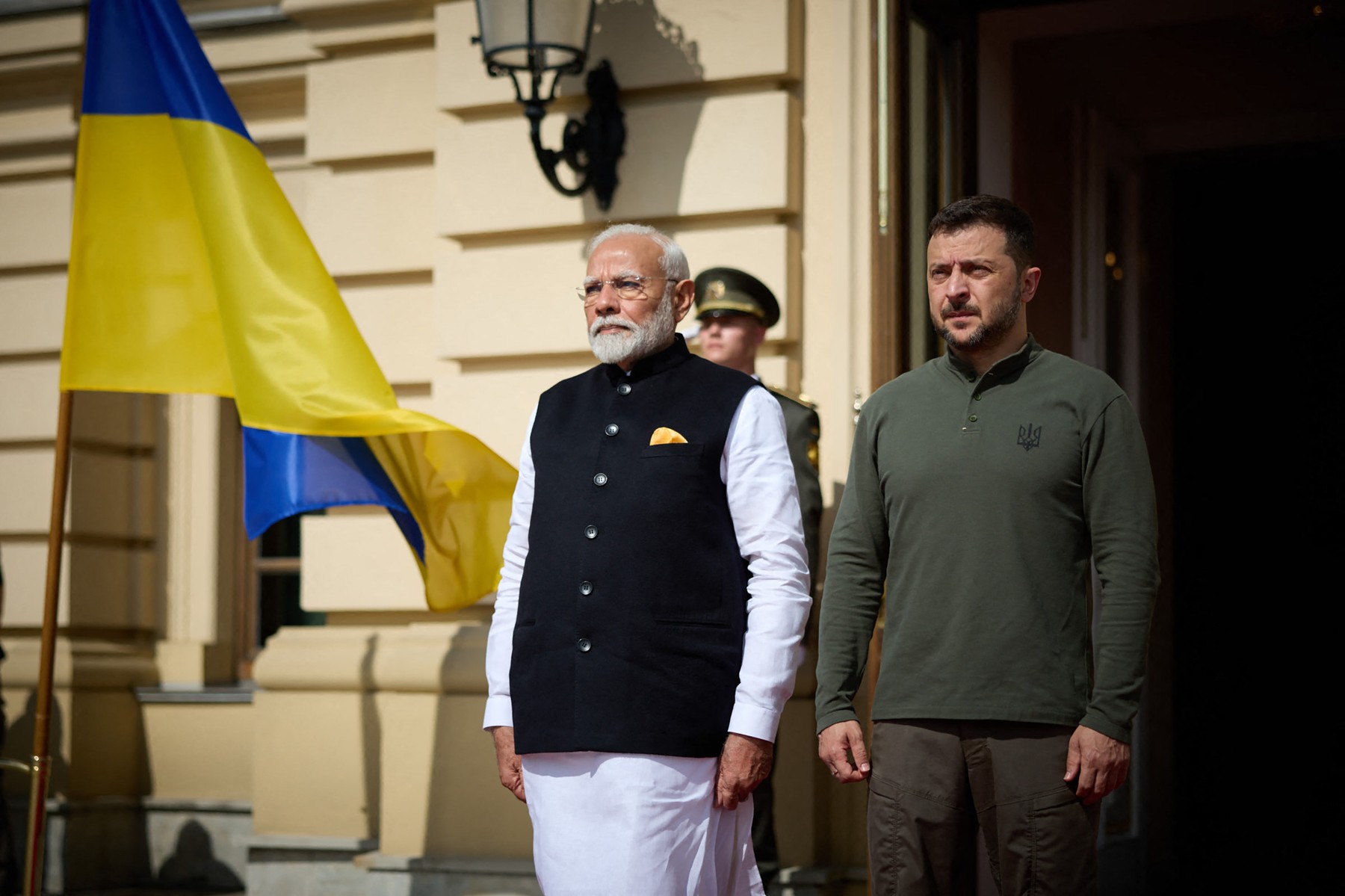 This handout photograph taken and released by the Ukrainian Presidential Press Service on August 23, 2024, shows Ukraine's President Volodymyr Zelensky (R) and Indian Prime Minister Narendra Modi posing at the entrance of the Mariinskyi Palace ahead of their meeting, in Kyiv, amid the Russian invasion of Ukraine.,Image: 901038020, License: Rights-managed, Restrictions: RESTRICTED TO EDITORIAL USE - MANDATORY CREDIT "AFP PHOTO / UKRAINIAN PRESIDENTIAL PRESS SERVICE" - NO MARKETING NO ADVERTISING CAMPAIGNS - DISTRIBUTED AS A SERVICE TO CLIENTS, ***
HANDOUT image or SOCIAL MEDIA IMAGE or FILMSTILL for EDITORIAL USE ONLY! * Please note: Fees charged by Profimedia are for the Profimedia's services only, and do not, nor are they intended to, convey to the user any ownership of Copyright or License in the material. Profimedia does not claim any ownership including but not limited to Copyright or License in the attached material. By publishing this material you (the user) expressly agree to indemnify and to hold Profimedia and its directors, shareholders and employees harmless from any loss, claims, damages, demands, expenses (including legal fees), or any causes of action or allegation against Profimedia arising out of or connected in any way with publication of the material. Profimedia does not claim any copyright or license in the attached materials. Any downloading fees charged by Profimedia are for Profimedia's services only. * Handling Fee Only 
***, Model Release: no, Credit line: Handout / AFP / Profimedia