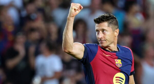 Barcelona's Polish forward #09 Robert Lewandowski celebrates scoring his team's second goal during the Spanish league football match between FC Barcelona and Athletic Club Bilbao at the Estadi Olimpic Lluis Companys in Barcelona on August 24, 2024.,Image: 901266941, License: Rights-managed, Restrictions: , Model Release: no, Credit line: LLUIS GENE / AFP / Profimedia