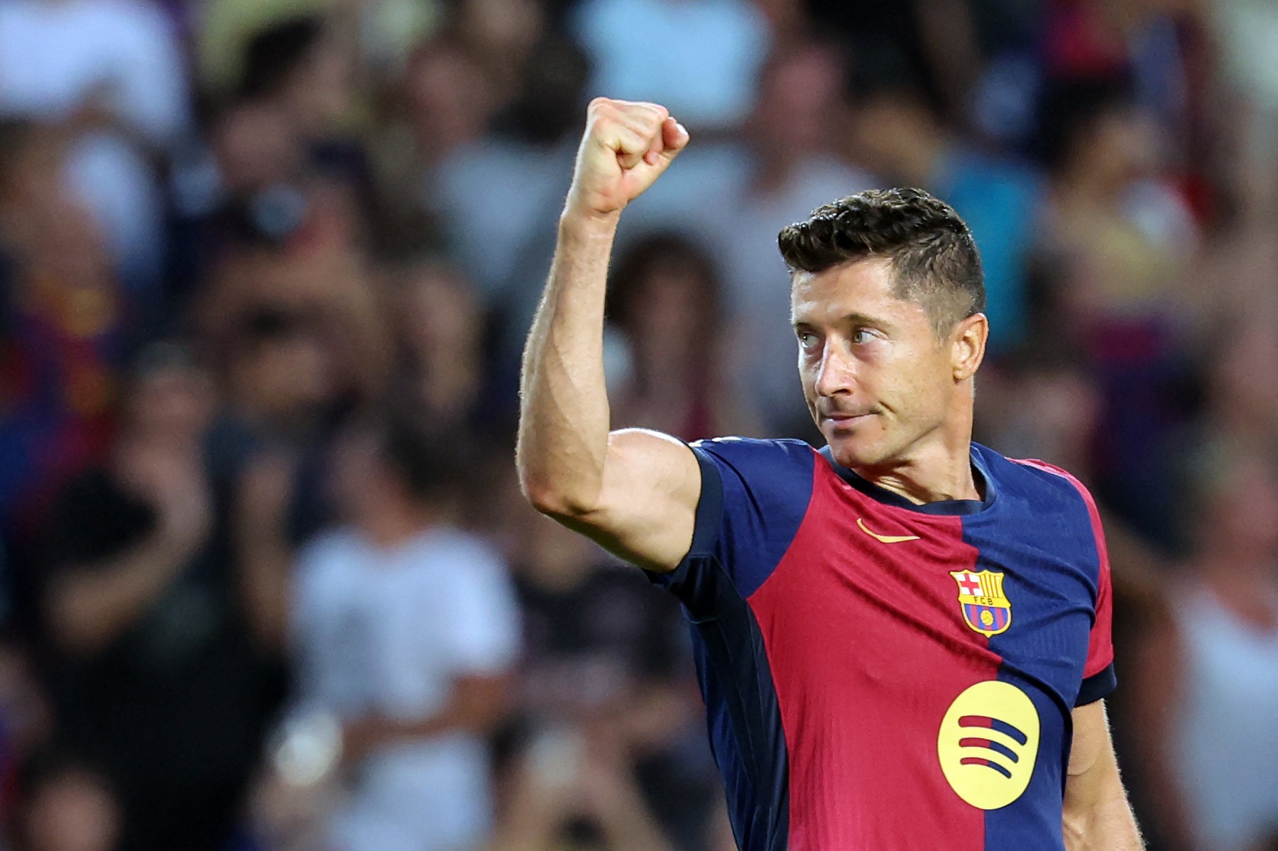 Barcelona's Polish forward #09 Robert Lewandowski celebrates scoring his team's second goal during the Spanish league football match between FC Barcelona and Athletic Club Bilbao at the Estadi Olimpic Lluis Companys in Barcelona on August 24, 2024.,Image: 901266941, License: Rights-managed, Restrictions: , Model Release: no, Credit line: LLUIS GENE / AFP / Profimedia