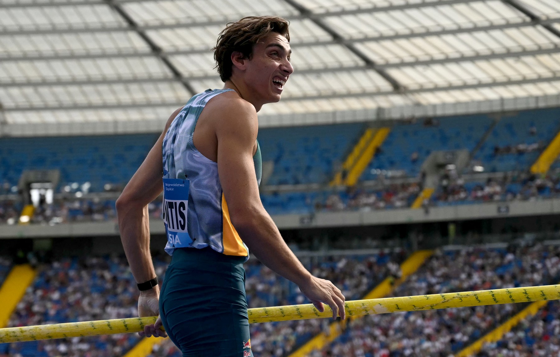 Sweden’s Armand Duplantis reacts after his jump during the men's pole vault event of the Silesia Diamond League athletics meeting in Chorzow, Poland, on August 25, 2024.,Image: 901444730, License: Rights-managed, Restrictions: , Model Release: no, Credit line: Sergei GAPON / AFP / Profimedia