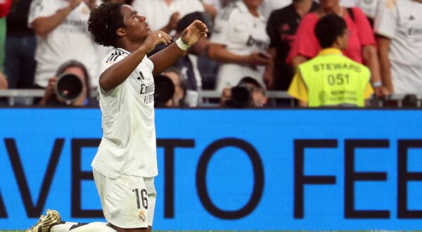 Real Madrid's Brazilian forward #16 Endrick celebrates scoring his team's third goal during the Spanish league football match between Real Madrid CF and Real Valladolid FC at the Santiago Bernabeu stadium in Madrid on August 25, 2024.,Image: 901471192, License: Rights-managed, Restrictions: , Model Release: no, Credit line: Pierre-Philippe MARCOU / AFP / Profimedia