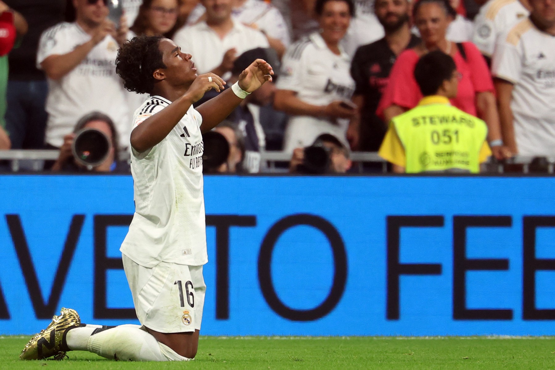 Real Madrid's Brazilian forward #16 Endrick celebrates scoring his team's third goal during the Spanish league football match between Real Madrid CF and Real Valladolid FC at the Santiago Bernabeu stadium in Madrid on August 25, 2024.,Image: 901471192, License: Rights-managed, Restrictions: , Model Release: no, Credit line: Pierre-Philippe MARCOU / AFP / Profimedia