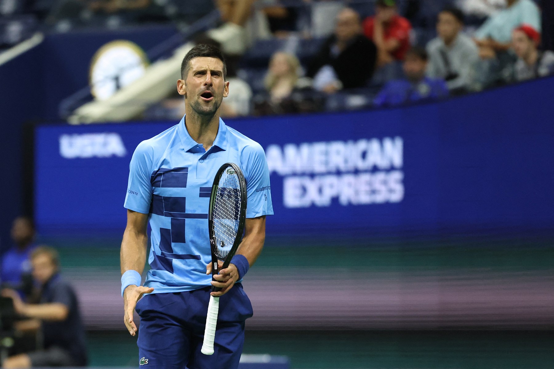 Serbia's Novak Djokovic reacts during his men's singles first round tennis match against Moldova's Radu Albot on day one of the US Open tennis tournament at the USTA Billie Jean King National Tennis Center in New York City, on August 26, 2024.,Image: 901725601, License: Rights-managed, Restrictions: , Model Release: no, Credit line: CHARLY TRIBALLEAU / AFP / Profimedia