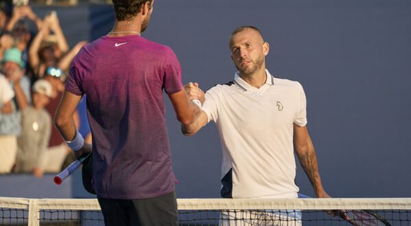 Dan Evans at the net with Karen Khachanov after the longest match in US Open history in the first round on court 6 at the 2024 US Open Tennis Championships at the National Tennis centre, New York, New York,  27 Aug 2024.,,Image: 902030860, License: Rights-managed, Restrictions: Restrictions:
World Rights, Model Release: no, Credit line: Peter van den Berg / Avalon / Profimedia