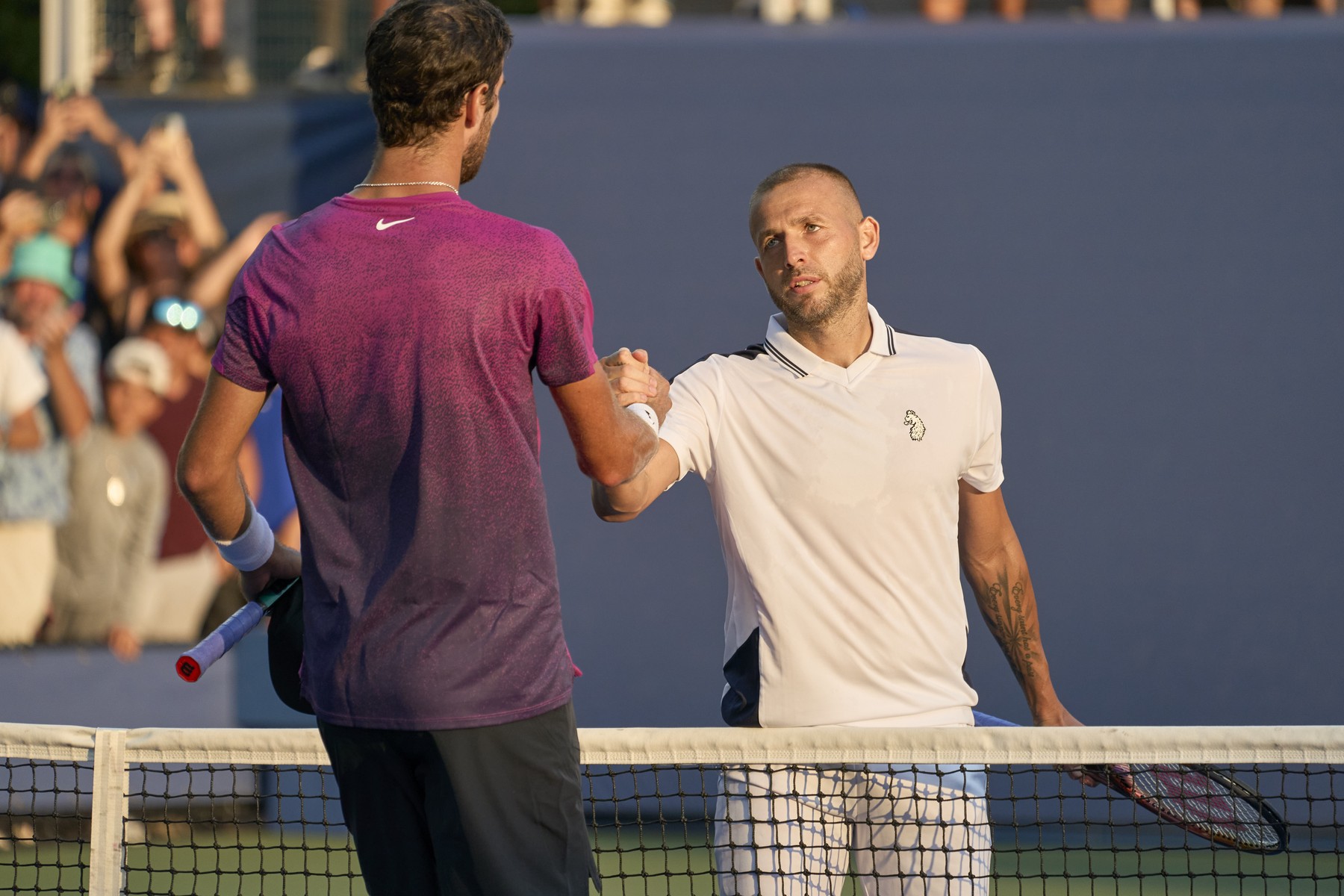 Dan Evans at the net with Karen Khachanov after the longest match in US Open history in the first round on court 6 at the 2024 US Open Tennis Championships at the National Tennis centre, New York, New York,  27 Aug 2024.,,Image: 902030860, License: Rights-managed, Restrictions: Restrictions:
World Rights, Model Release: no, Credit line: Peter van den Berg / Avalon / Profimedia