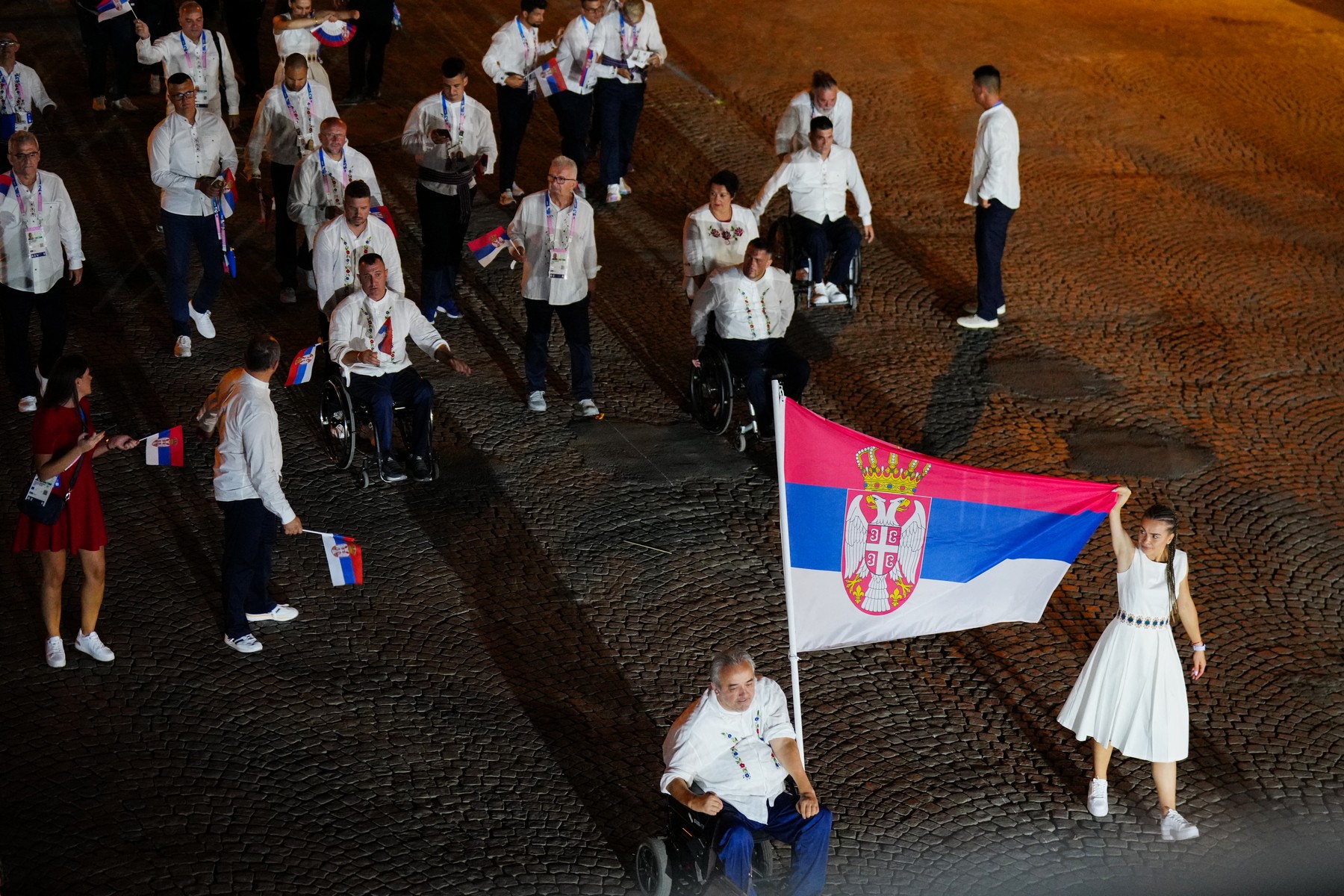 Serbia's delegation parades on the Champs-Elysees avenue during the Paris 2024 Paralympic Games Opening Ceremony in Paris on August 28, 2024.,Image: 902401479, License: Rights-managed, Restrictions: , Model Release: no, Credit line: Dimitar DILKOFF / AFP / Profimedia