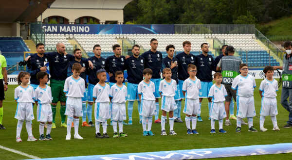 The San Marino national soccer team ahead of the UEFA Nations League League D Group 2 soccer match against San Marino at the San Marino Stadium, in Serravalle, San Marino on 05 June 2022. San Marino v Malta SMR_MLT_2022