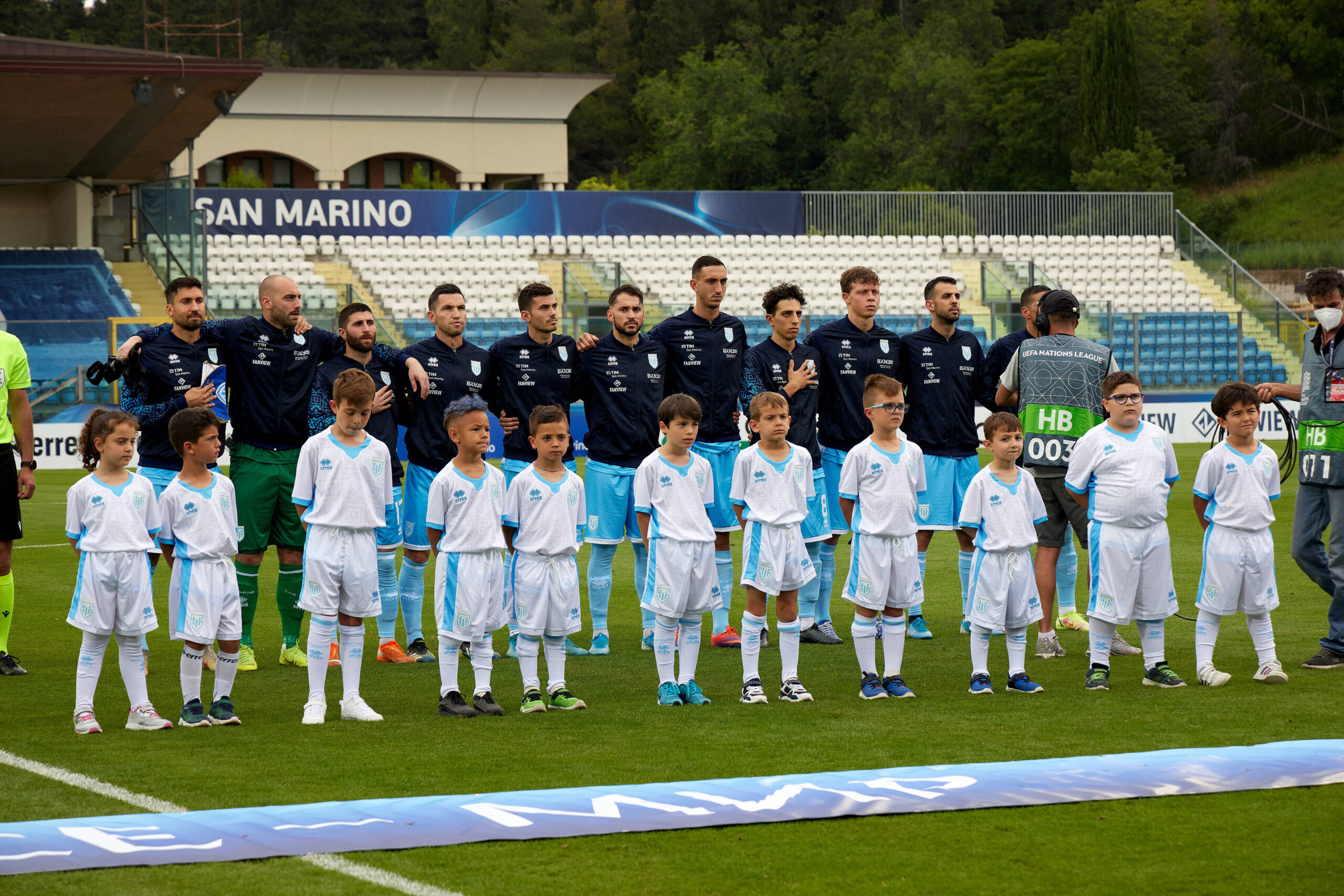 The San Marino national soccer team ahead of the UEFA Nations League League D Group 2 soccer match against San Marino at the San Marino Stadium, in Serravalle, San Marino on 05 June 2022. San Marino v Malta SMR_MLT_2022