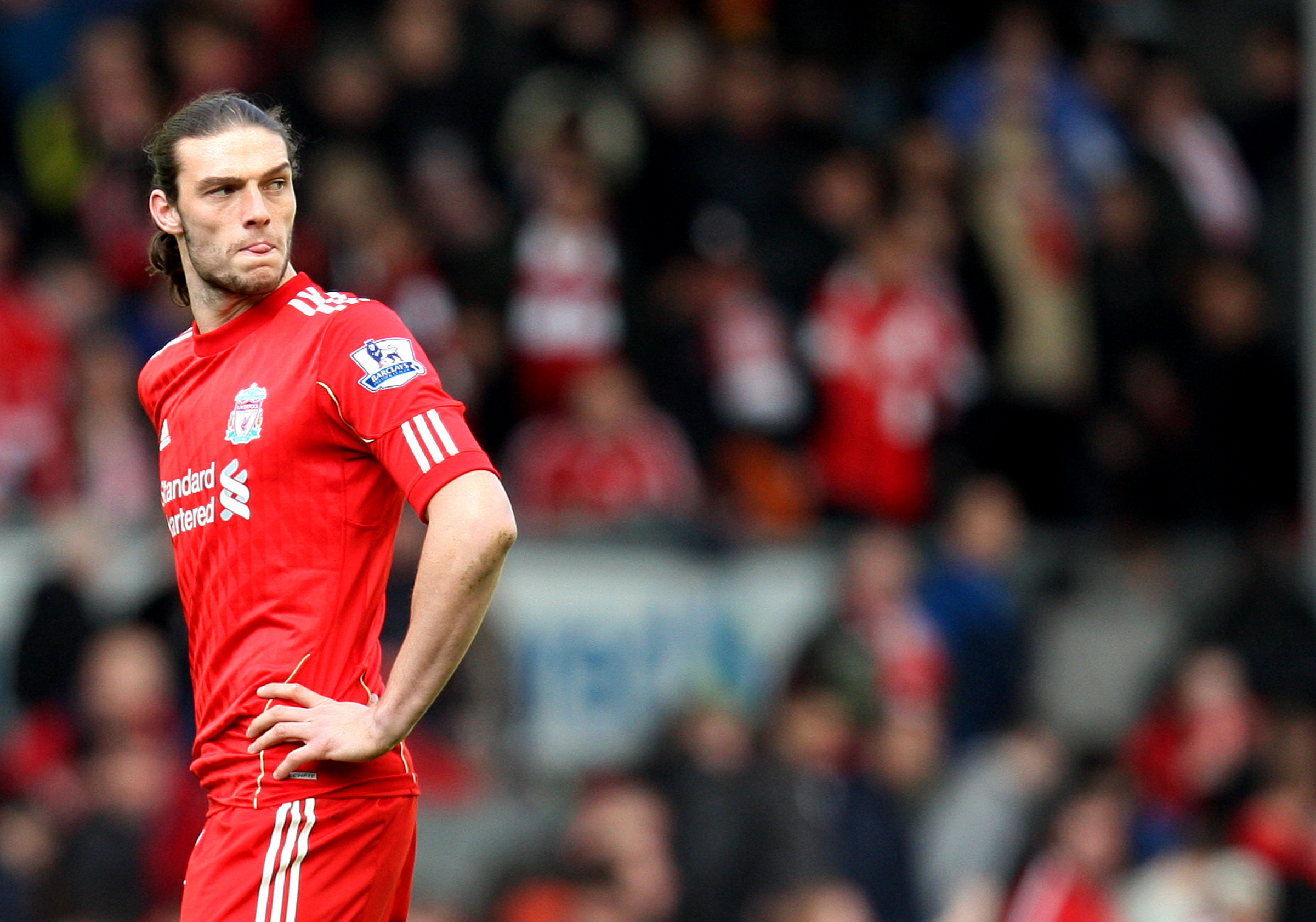 Liverpool's Andy Carroll is seen during their English Premier League soccer match against Arsenal at Anfield Stadium in Liverpool, England, Saturday, March 3, 2012. (AP Photo/Scott Heppell)