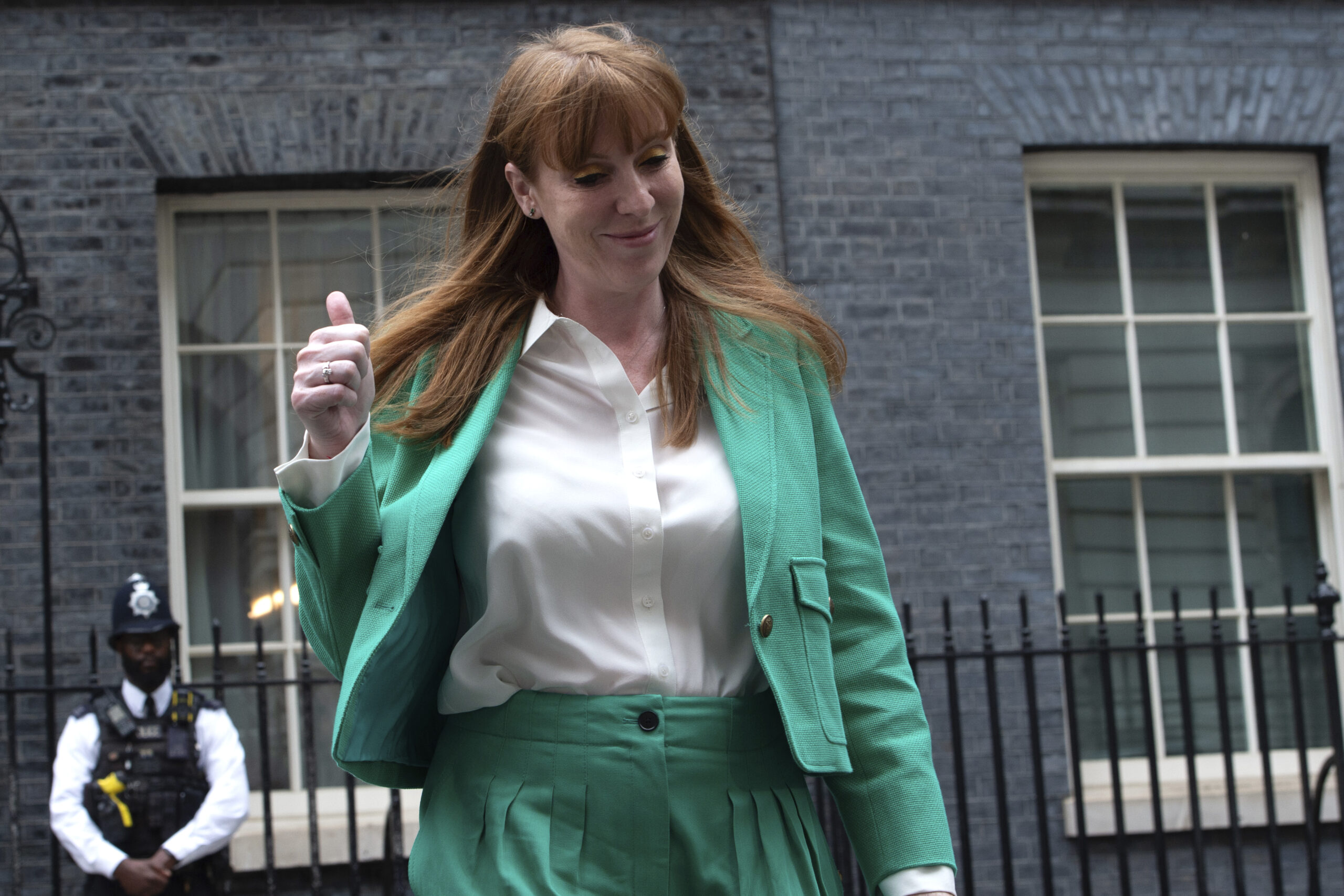 Incoming Deputy Prime Minister and Secretary of State for Levelling Up, Housing and Communities Angela Rayner leaves 10 Downing Street in London, Friday, July 5, 2024. Britain's Labour Party swept to power Friday after more than a decade in opposition, as a jaded electorate handed the party a landslide victory, but also a mammoth task of reinvigorating a stagnant economy and dispirited nation. (AP Photo/Thomas Krych)