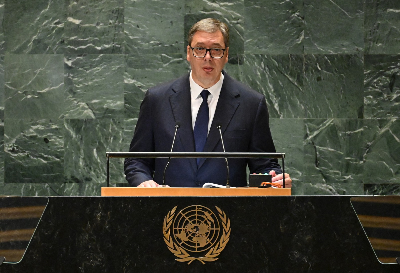 Serbian President Aleksandar Vucic speaks during the 79th Session of the United Nations General Assembly at the United Nations headquarters in New York City on September 24, 2024.,Image: 911457445, License: Rights-managed, Restrictions: , Model Release: no, Credit line: TIMOTHY A. CLARY / AFP / Profimedia