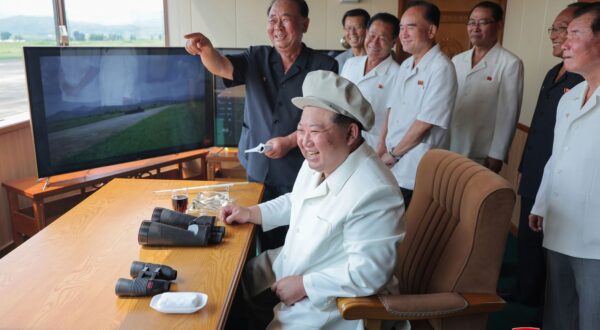 epa11564973 A photo released by the official North Korean Central News Agency (KCNA) shows North Korean leader Kim Jong Un overseeing a performance test of various drones during a visit to the Drone Institute of North Korea's Academy of Defense Sciences at an undisclosed location in North Korea, 24 August 2024 (issued 26 August 2024). According to KCNA, Kim stated the need to develop and produce various types of suicide drones for tactical infantry and special operations units, as well as strategic reconnaissance and multipurpose attack drones.  EPA/KCNA  EDITORIAL USE ONLY