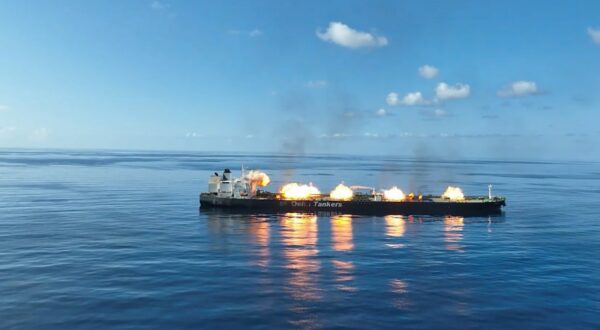 epa11571830 A handout photo made available by the Houthis media center shows smoke rising from the Greek-flagged oil tanker Sounion following Yemen's Houthis attacks, in the Red Sea, 29 August 2024. Yemen's Houthis have agreed to allow tugboats and rescue ships to access the damaged crude oil tanker Sounion in the Red Sea a week after they attacked it, according to a statement by Houthi spokesperson Muhammad Abdul-Salam. The Greek-flagged oil tanker Sounion, which has been on fire since 23 August in the Red Sea following Yemen's Houthis attacks, is still burning and it appears to be leaking oil, a US Pentagon spokesman said. Yemen's Houthis have claimed responsibility for a two-small boats and three projectiles attack against the oil tanker Sounion in the Red Sea off Yemen on 21 August 2024, Houthi military spokesman Yahya Sarea said in a statement.  EPA/HOUTHIS MEDIA CENTER HANDOUT -- BEST QUALITY AVAILABLE -- HANDOUT EDITORIAL USE ONLY/NO SALES