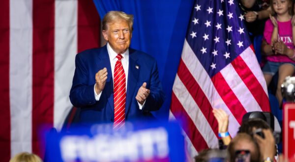 epa11574370 Former US President and current Republican presidential nominee Donald Trump prepares to speak at a campaign rally in Johnstown, Pennsylvania, USA, 30 August 2024. Trump spoke about energy development in the battleground state, as well as vice president and Democratic presidential nominee Kamala Harris's stance on fracking.  EPA/JIM LO SCALZO