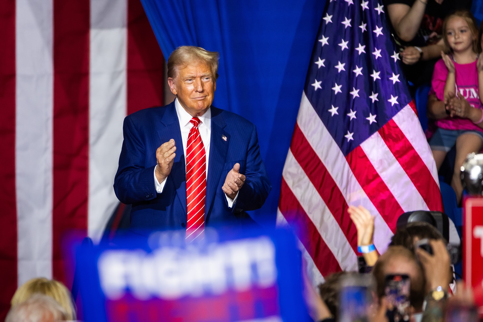 epa11574370 Former US President and current Republican presidential nominee Donald Trump prepares to speak at a campaign rally in Johnstown, Pennsylvania, USA, 30 August 2024. Trump spoke about energy development in the battleground state, as well as vice president and Democratic presidential nominee Kamala Harris's stance on fracking.  EPA/JIM LO SCALZO