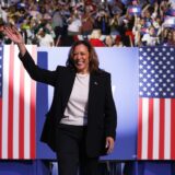 epa11600958 Vice President and Democratic presidential nominee Kamala Harris takes to the stage as she participates in a campaign rally at the Bojangles Arena in Charlotte, North Carolina, USA, 12 September 2024. Harris is running against former US President and Republican nominee Donald Trump.  EPA/ERIK S. LESSER