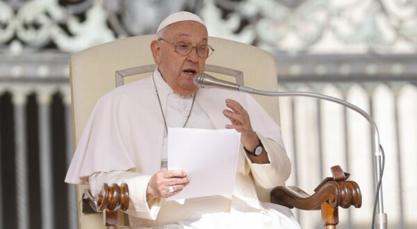 epa11611047 Pope Francis reacts leads the weekly General Audience in Saint Peter's Square, Vatican City, 18 September 2024.  EPA/FABIO FRUSTACI