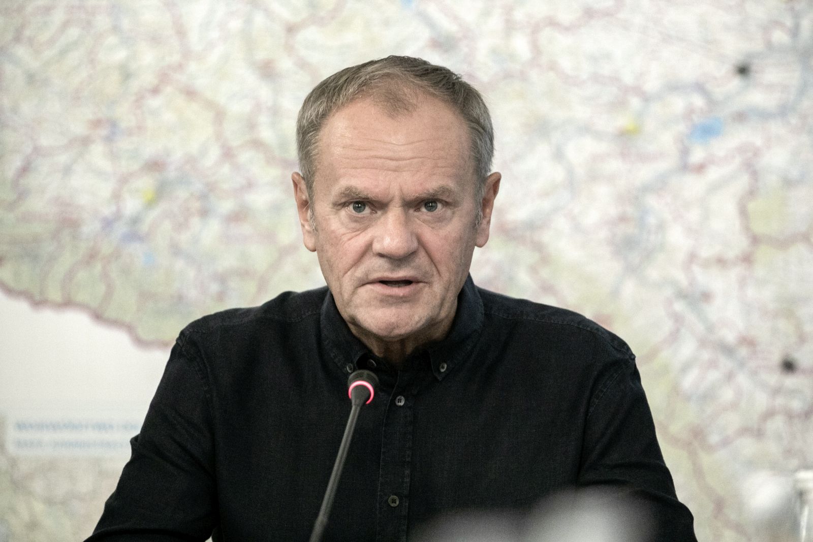 epa11615102 Polish Prime Minister Donald Tusk attends a meeting of the crisis team at the Voivodeship Office in Wroclaw, southwestern Poland, 20 September 2024. The low-pressure system, named Boris, caused devastating flooding across central and eastern Europe, with the region experiencing torrential rainfall since 11 September 2024, exceeding the average monthly precipitation. On 16 September, the Polish government officially declared a state of natural disaster in the affected areas, and activated the State Fire Service, Volunteer Fire Service, and Polish Army, including the Territorial Defense Forces, for potential prevention and rescue efforts. As Poland picks itself up from the flood-caused trail of devastation, the government pledges to leave the emergency services in the most at-risk areas.  EPA/KRZYSZTOF CWIK POLAND OUT