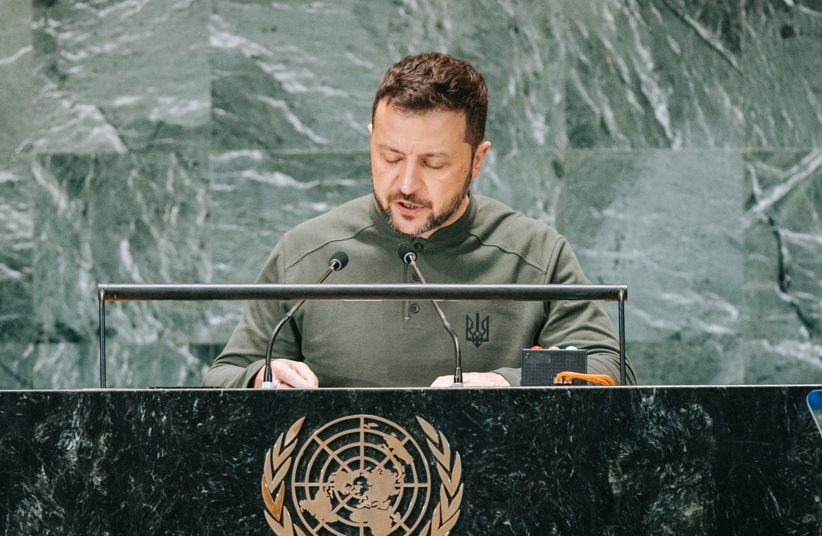 epa11621403 Ukrainian President Volodymyr Zelensky speaks during the 'Summit of the Future' being held in advance of this week’s General Debate of the 79th session of the United Nations General Assembly at United Nations Headquarters in New York, New York, USA, 23 September 2024.  EPA/OLGA FEDOROVA